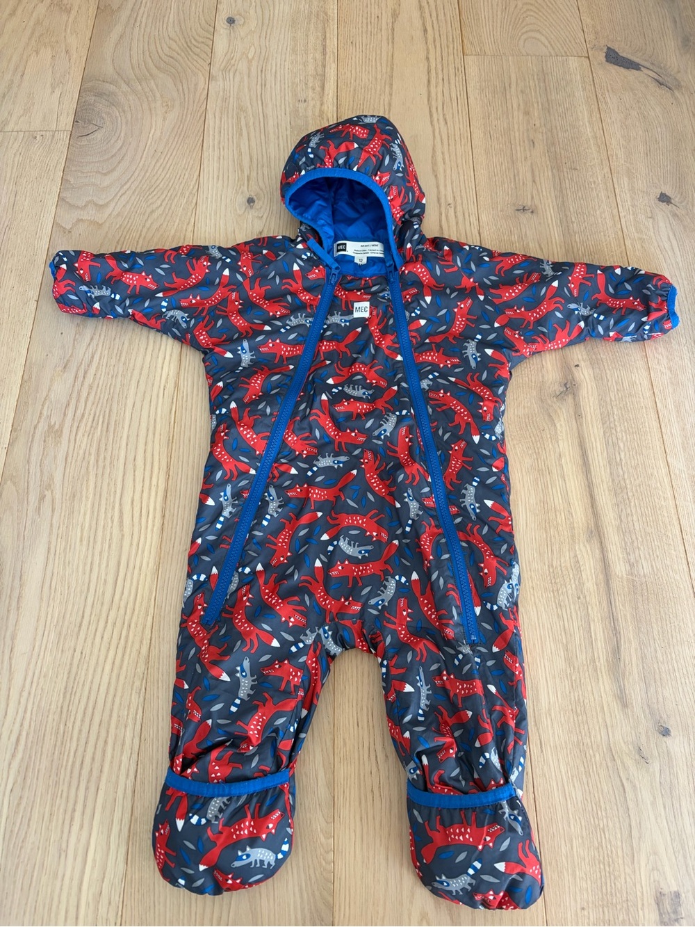 MEC Navy One-Piece Footed Snowsuit with Red Dino Print